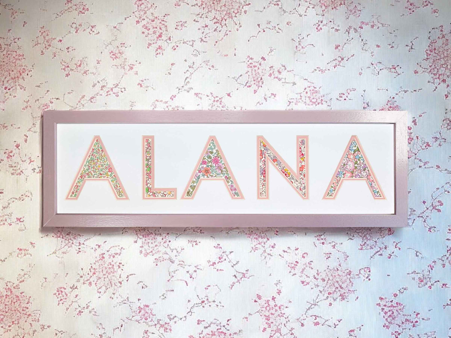 Personalised Name Frame with Pink Floral Liberty Fabric & Hand Painted Frame