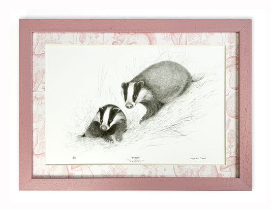 Limited Edition Art Print "Badgers" with Beautiful Printed Mount & Painted Wood Frame