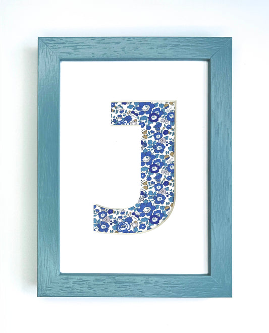 Personalised Blue Liberty Fabric Letter - Framed in a Beautiful Hand Painted Frame