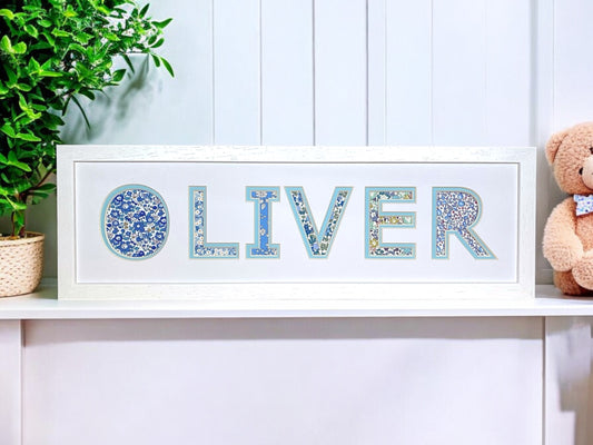 Personalised White Name Frame with Blue Floral Liberty Fabric