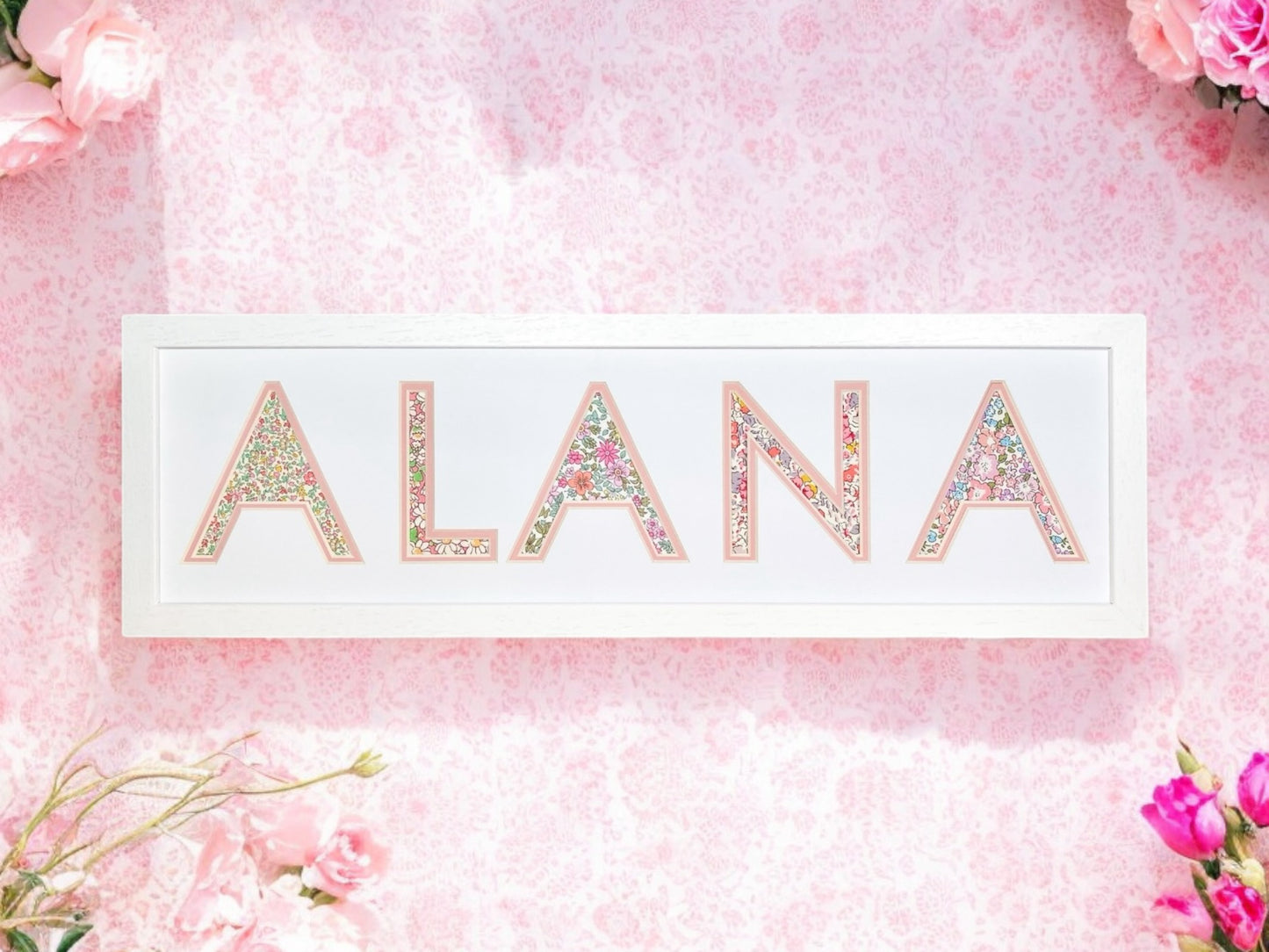 Personalised Name Frame with Pink Floral Liberty Fabric & White Frame