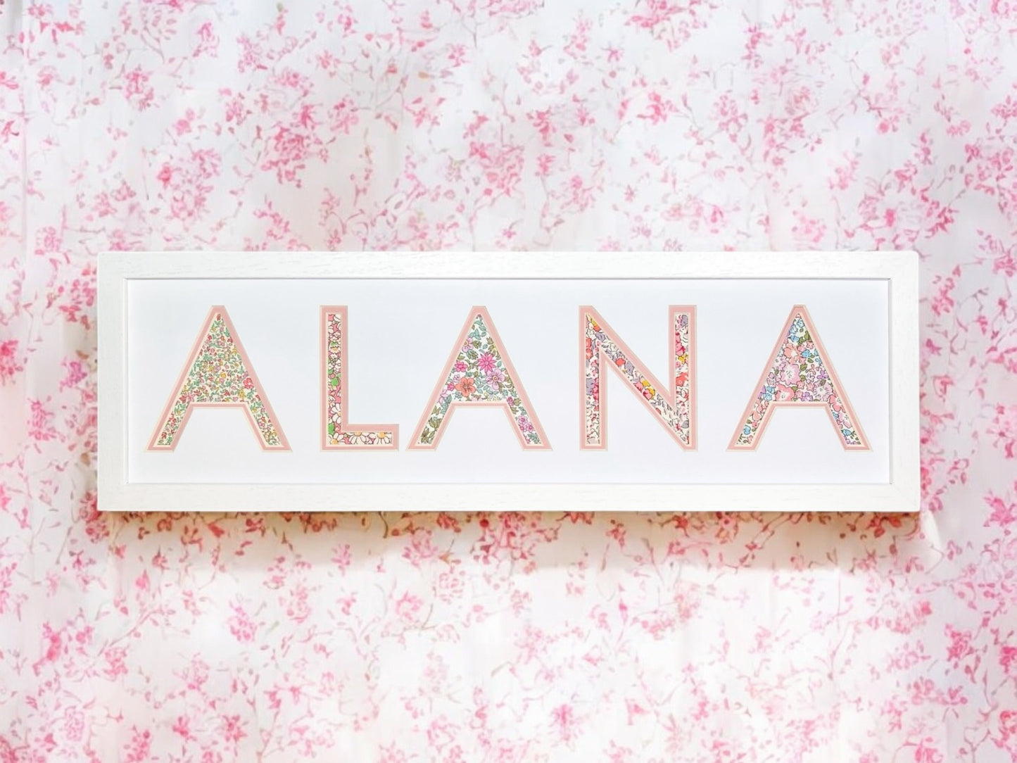 Personalised Name Frame with Pink Floral Liberty Fabric & White Frame