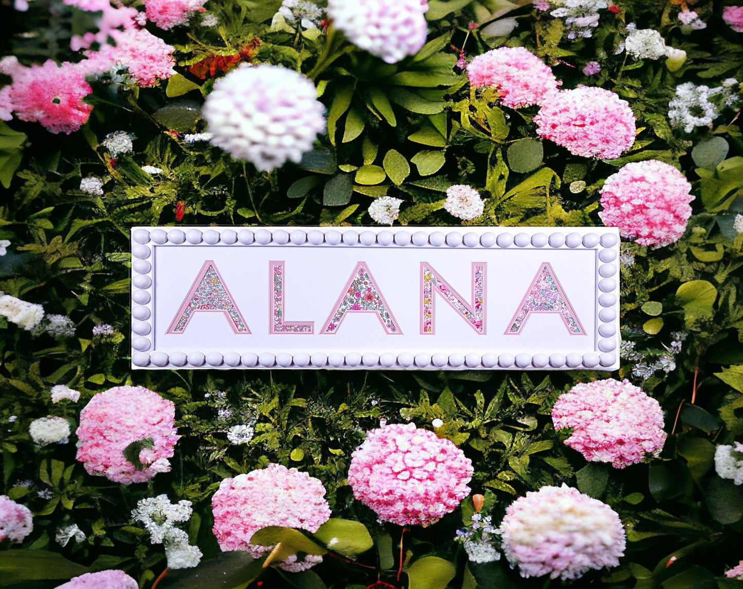 Personalised White Bobbin Name Frame with Pink Floral Liberty Fabric