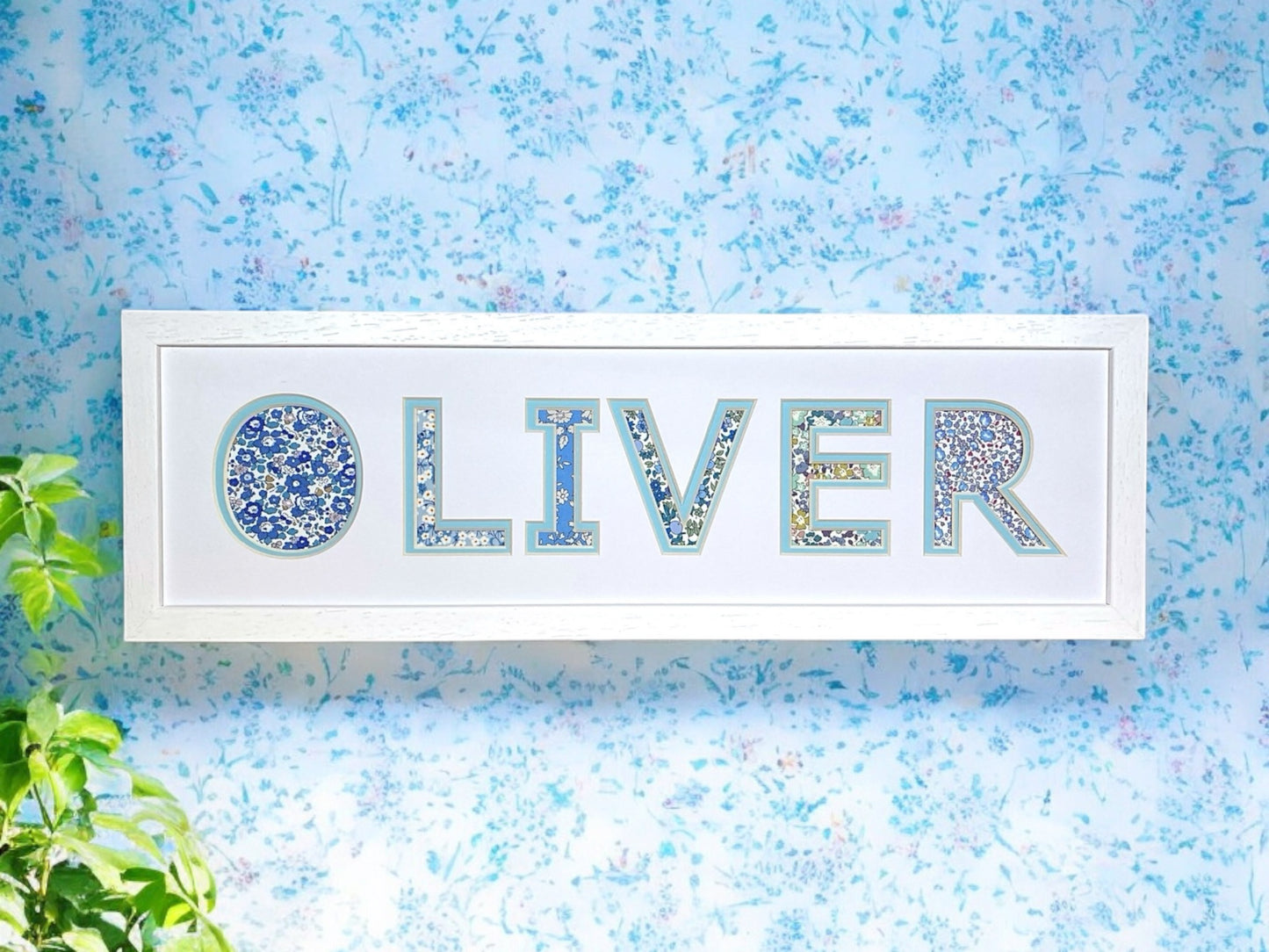 Personalised White Name Frame with Blue Floral Liberty Fabric