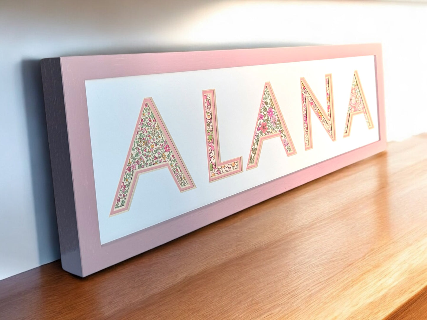 Personalised Name Frame with Pink Floral Liberty Fabric & Hand Painted Frame