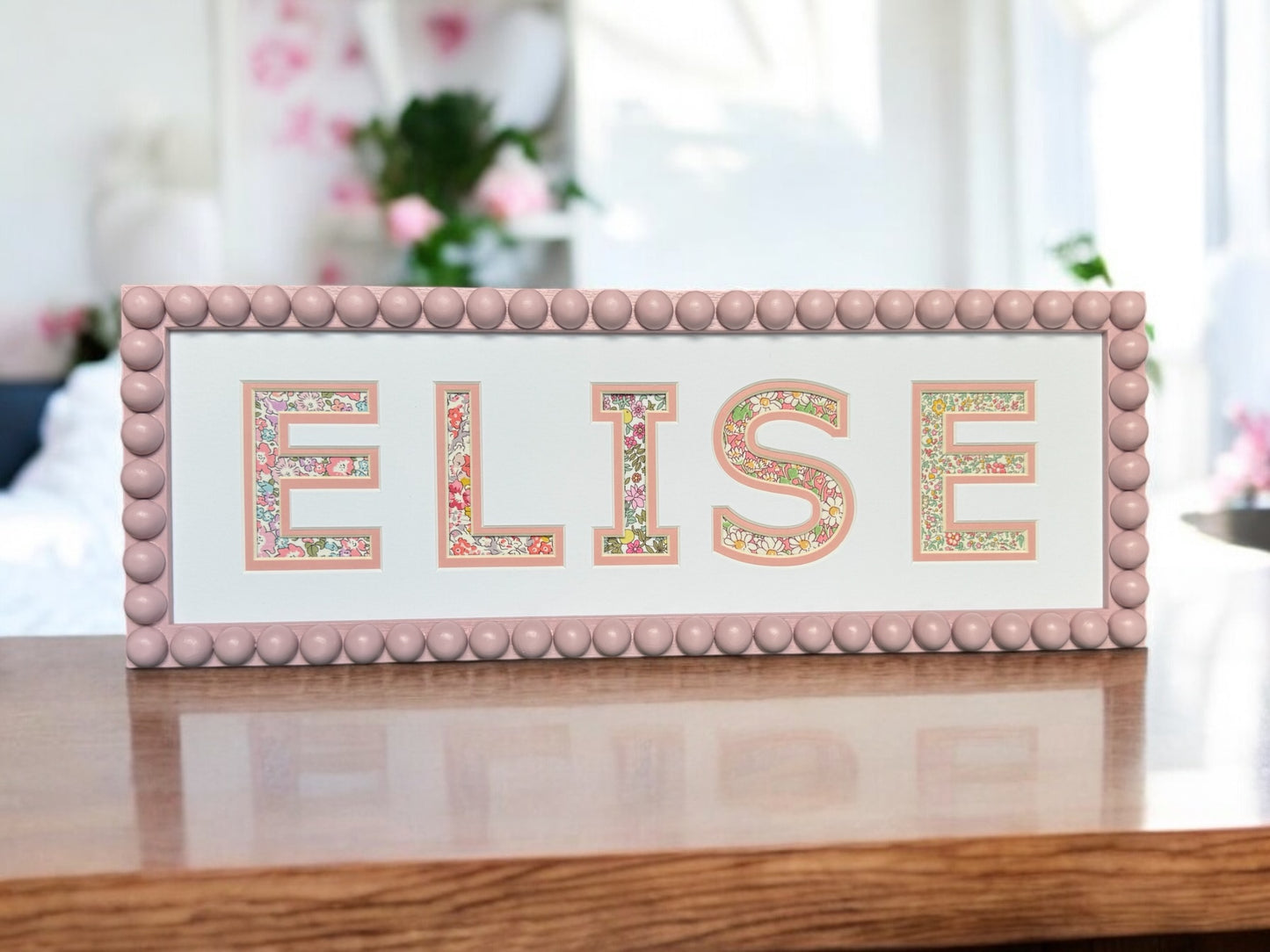 Personalised Pink Bobbin Name Frame with Pink Floral Liberty Fabric