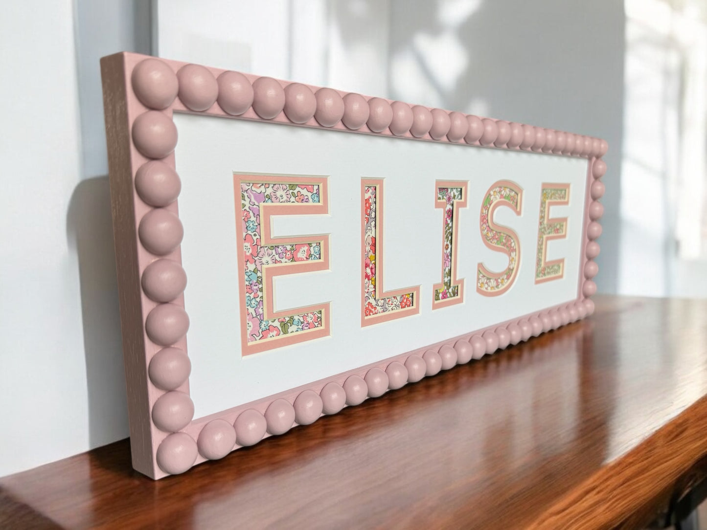 Personalised Pink Bobbin Name Frame with Pink Floral Liberty Fabric