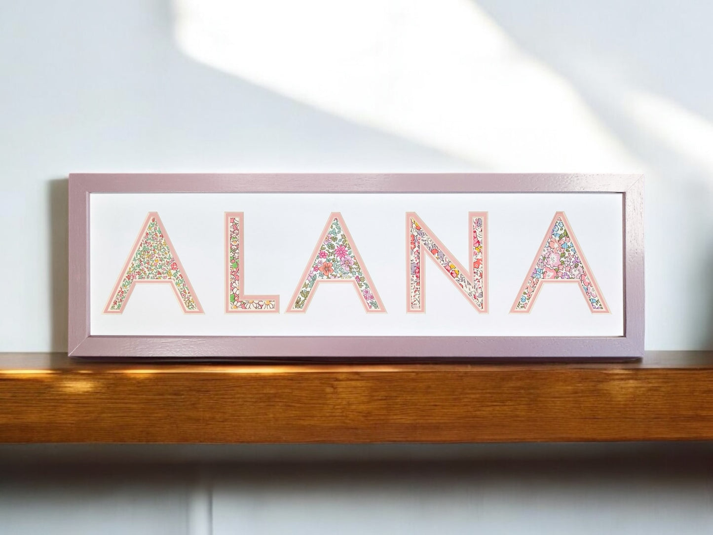 Personalised Name Frame with Pink Floral Liberty Fabric & Hand Painted Frame