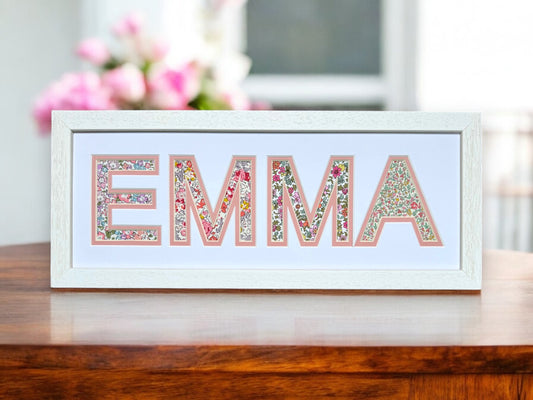 Personalised Name Frame with Pink Floral Liberty Fabric & White Frame