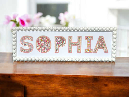 Personalised White Bobbin Name Frame with Pink Floral Liberty Fabric