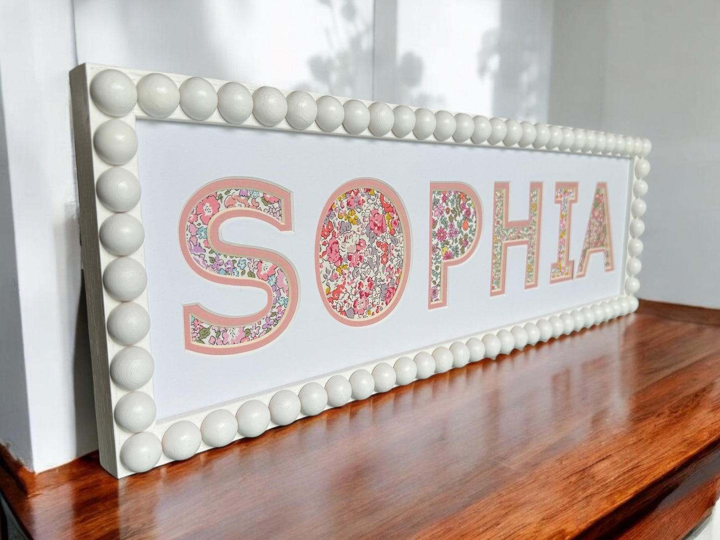 Personalised White Bobbin Name Frame with Pink Floral Liberty Fabric