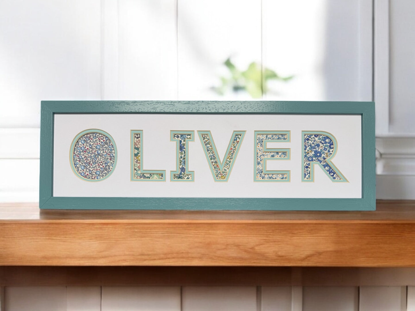 Personalised Blue Name Frame with Floral Liberty Fabric