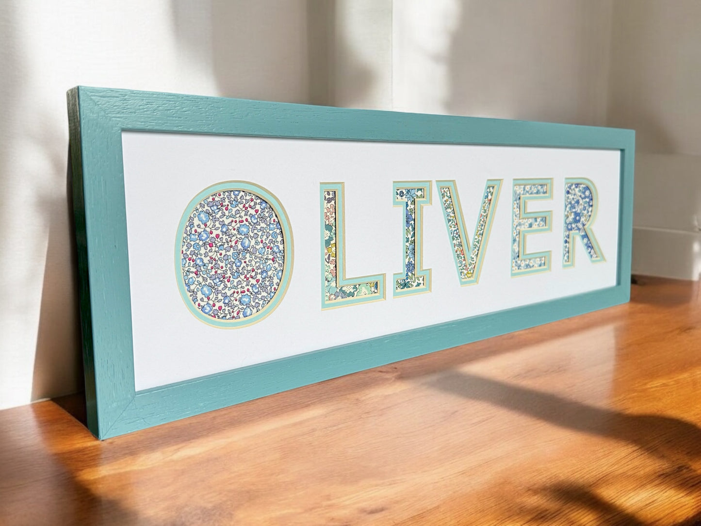 Personalised Blue Name Frame with Floral Liberty Fabric