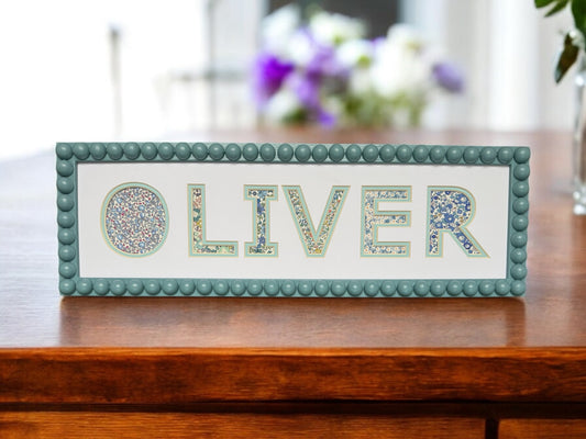 Personalised Blue Bobbin Name Frame with Floral Liberty Fabric