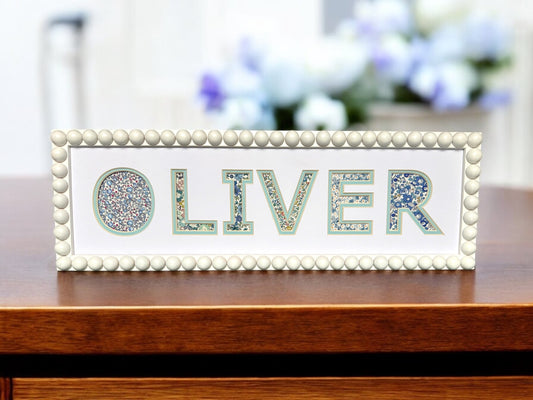 Personalised Bobbin Name Frame with Blue Floral Liberty Fabric