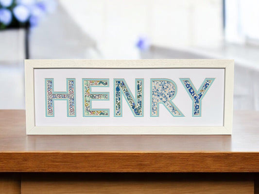 Personalised White Name Frame with Blue Floral Liberty Fabric