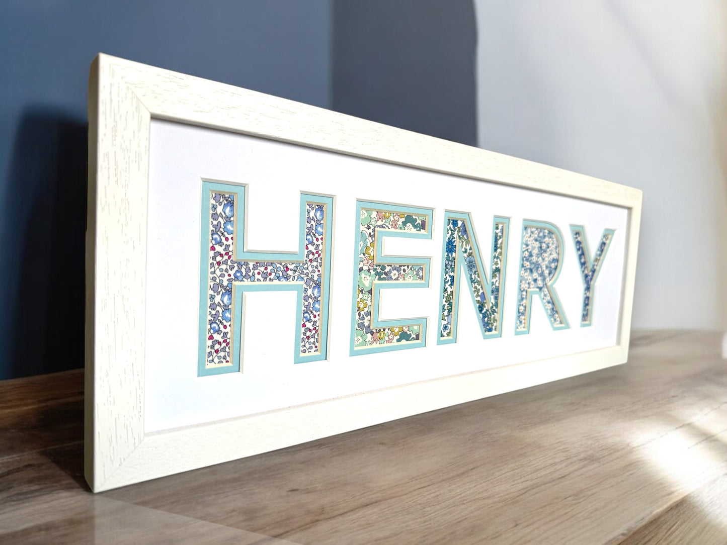 Personalised White Name Frame with Blue Floral Liberty Fabric