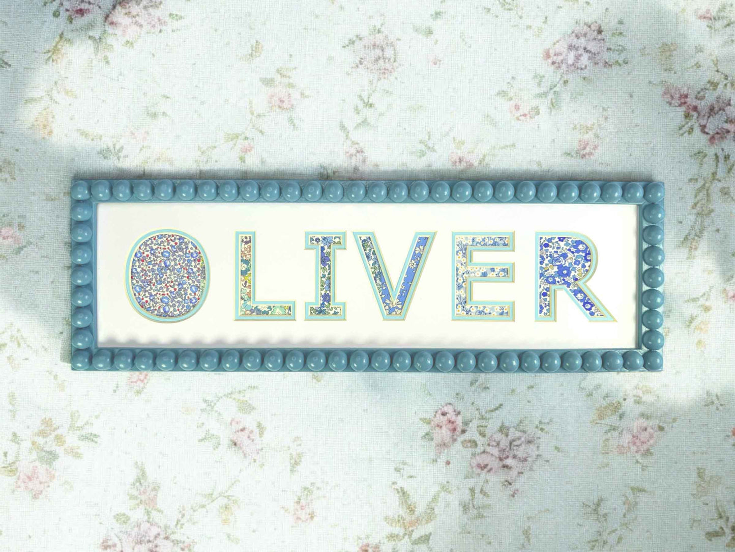 Personalised Blue Bobbin Name Frame with Floral Liberty Fabric