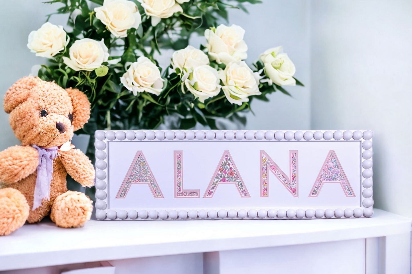 Personalised White Bobbin Name Frame with Pink Floral Liberty Fabric