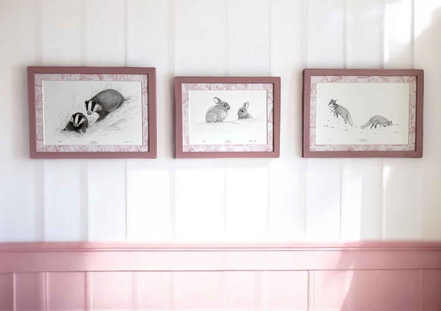 Set of Three Mounted Art Prints with Pink Forest Inspired Mounts & Painted Wood Frame