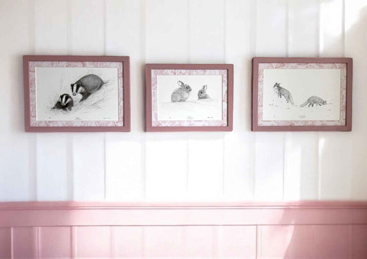 Set of Three Mounted Art Prints with Pink Forest Inspired Mounts & Painted Wood Frame