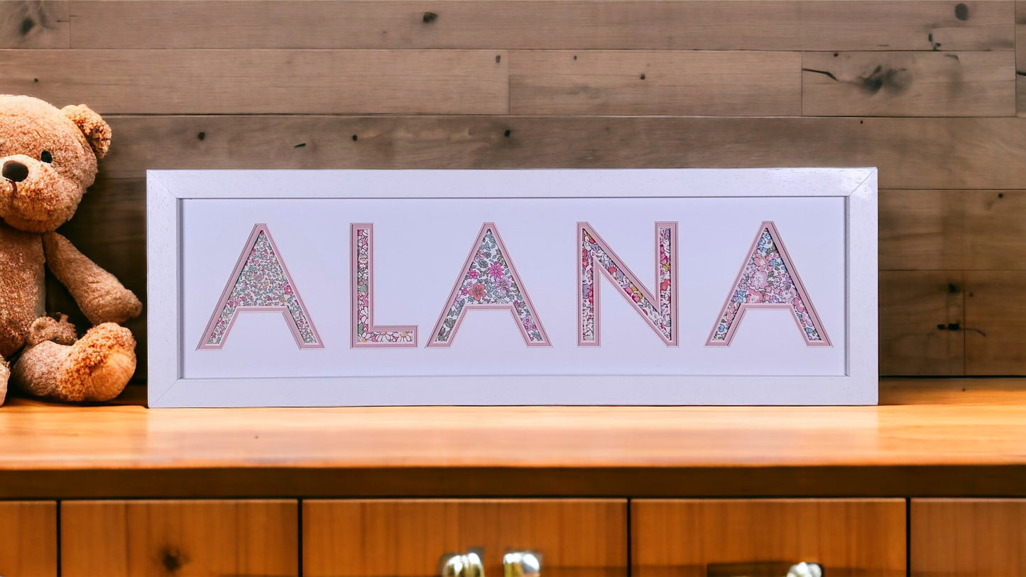 Personalised Name Frame with Pink Floral Liberty Fabric & White Frame